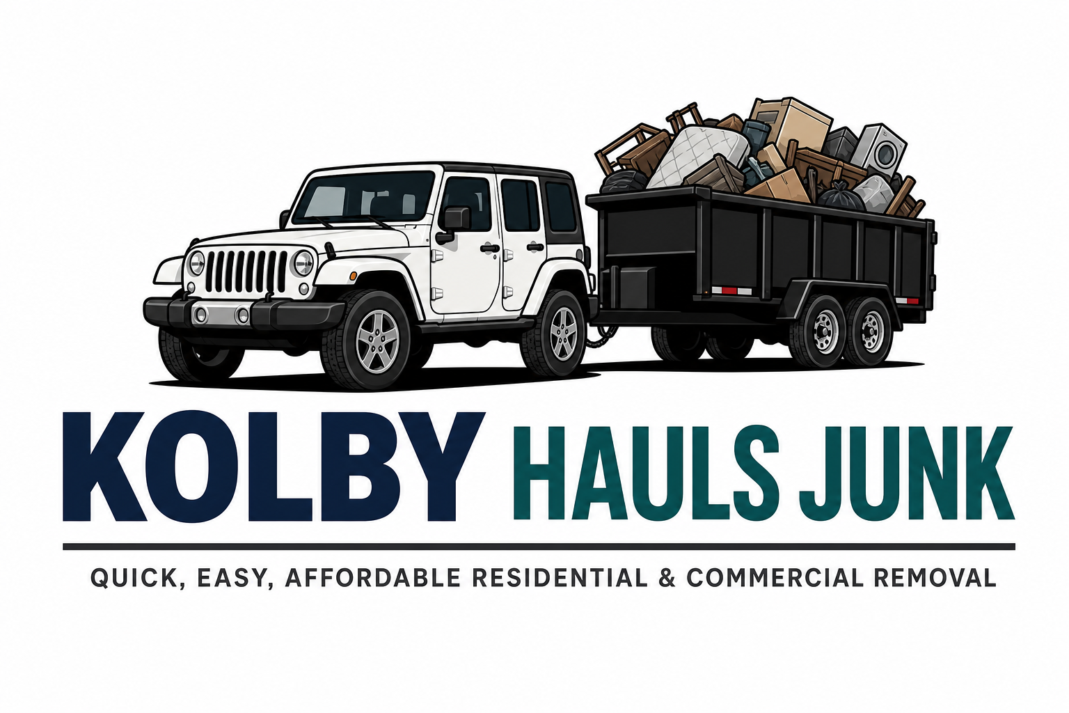 Kolby Hauls Junk logo with a white Jeep pulling a loaded dump trailer